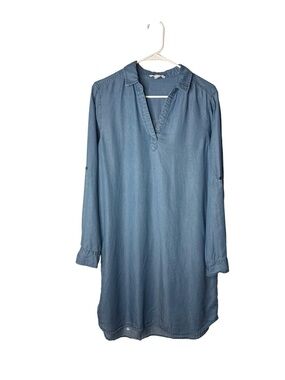 BEACHLUNCHLOUNGE Blue Chambray V-Neck Long Sleeve Coastal Casual Shirt Dress M